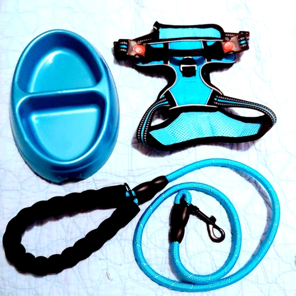 Brand New Dog Harness, Lead, and Small Divided Dog Bowl in Blue